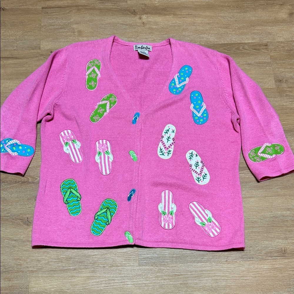 Timberlea Pink Flip-Flop Embroidered Cardigan Sweater